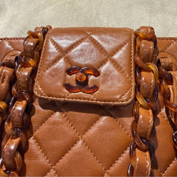 Vintage CHANEL Brown Lambskin Quilted Resin Chain Shoulder Bag 90s Rare Karl Era - Picture 5 of 16